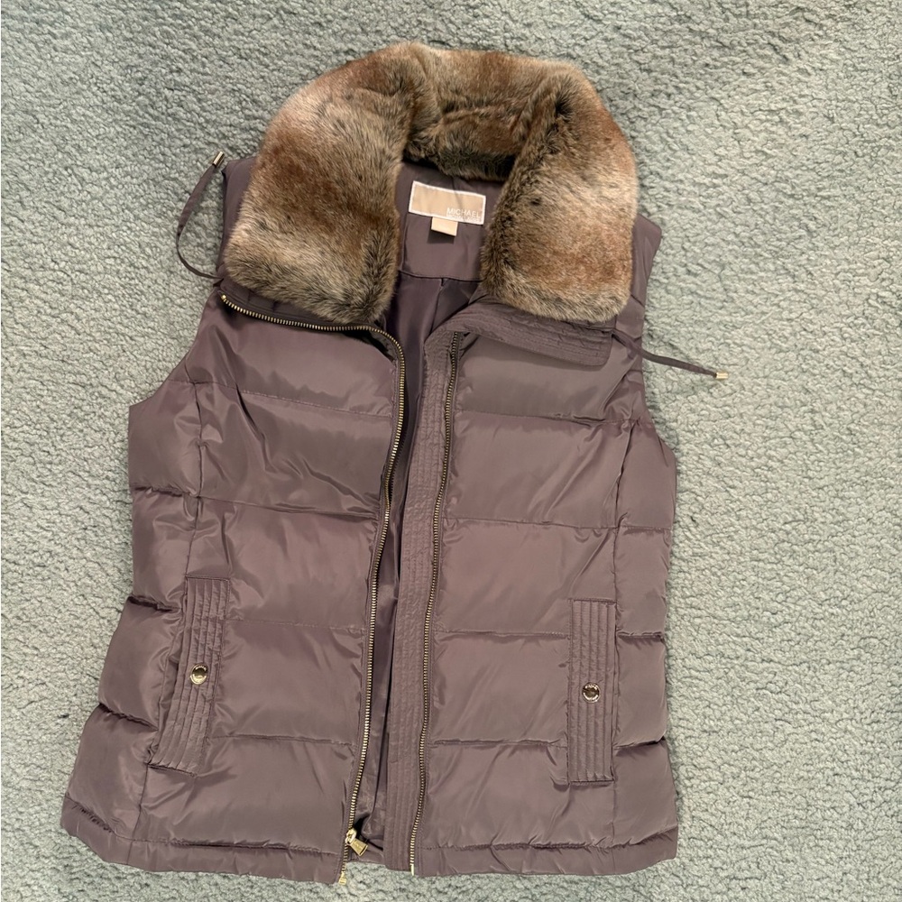 Michael Kors Brown Puffer Vest with Fur Collar